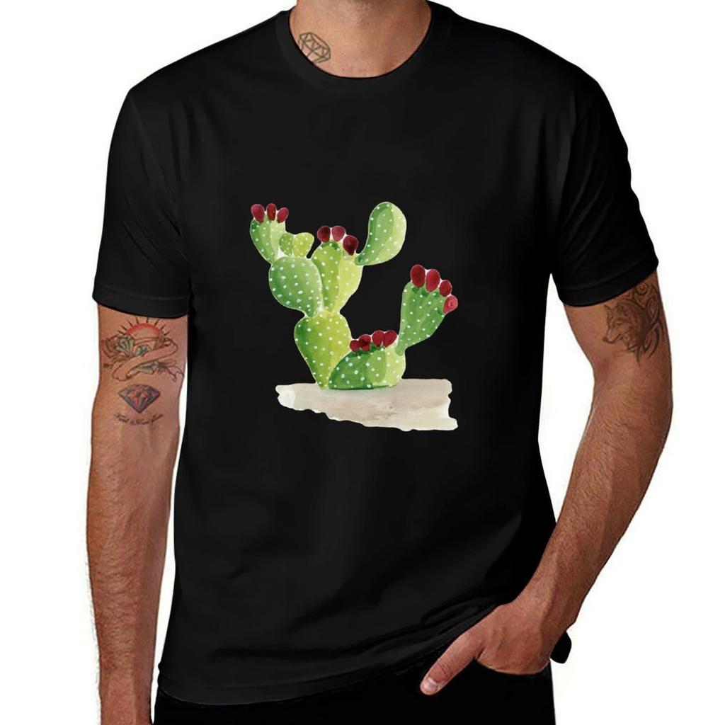 Prickly Pear Cactus Watercolor Illustration Tshirt Basic Solid Color Short Sleeve Cotton Top