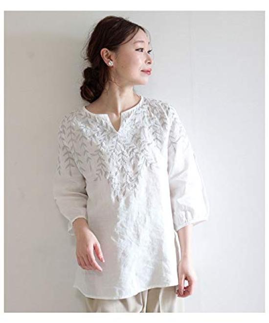 Sawa la mode Botanical Leaf Embroidered Linen White á Top, Women's, mode-6296 F,