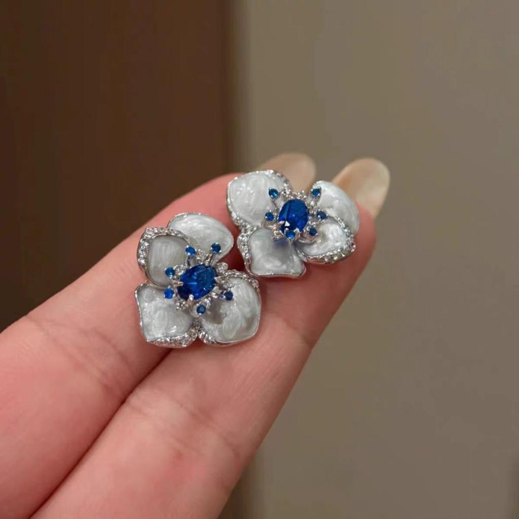Cute Blue Flower Oil Drip Stud Earring for Women Girl Elegant Crystal Zircon Square Geometric Temperament Fashion Jewelry Gift