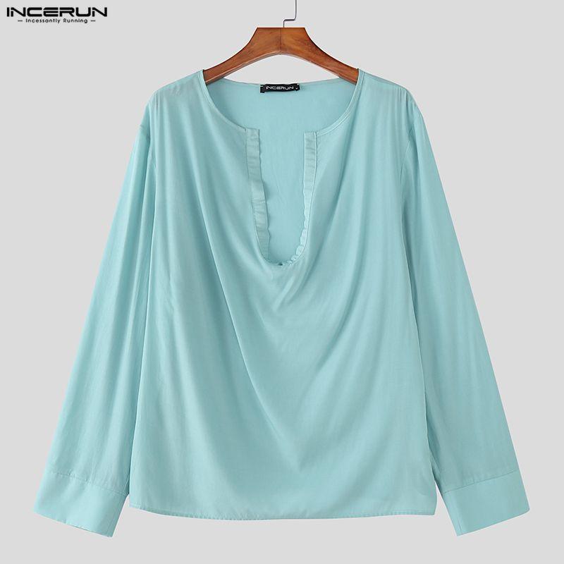 INCERUN Übergroße Herren Deep V Langarm Dünne Lockere T-Shirts Oberteile