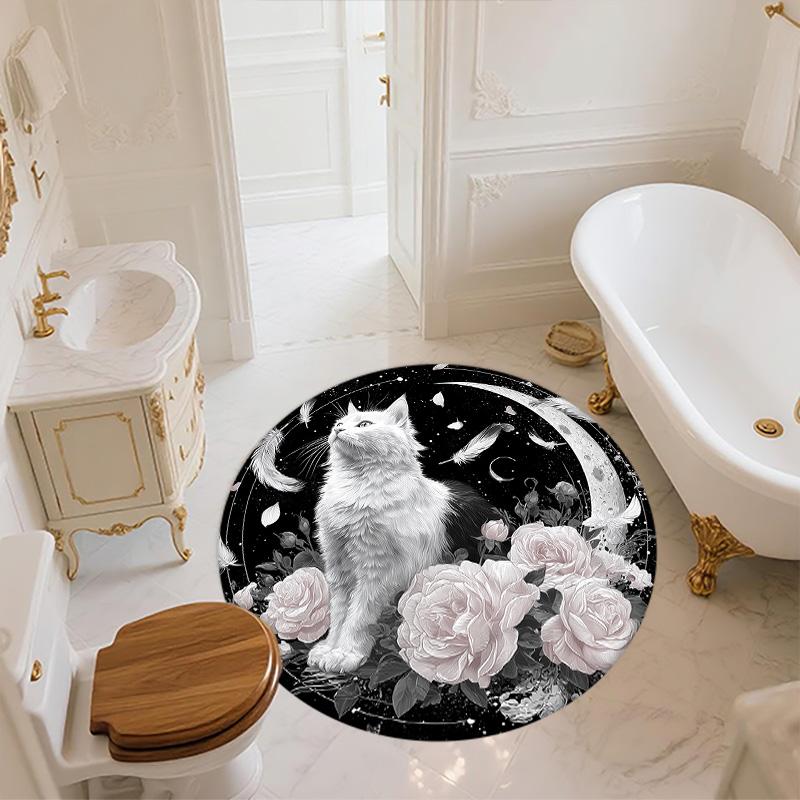 Floral Cat  Round Area Rug,Carpet Rug for Living Room Bedroom Sofa Playroom Decor,Non-slip Floor Mat