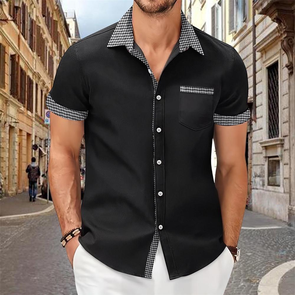 Patchwork printed shirt for men, solid color, comfortable and soft short sleeve top, large size, summer New