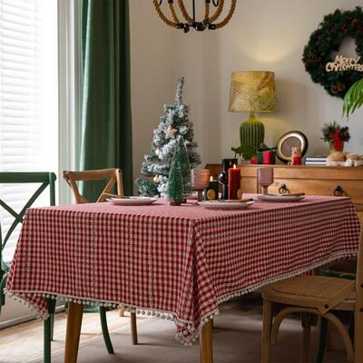 Toalha de Mesa Retangular Xadrez Vermelho Algodão Linho – À Prova de Pó, Decorativa, Estilo Festival Literário