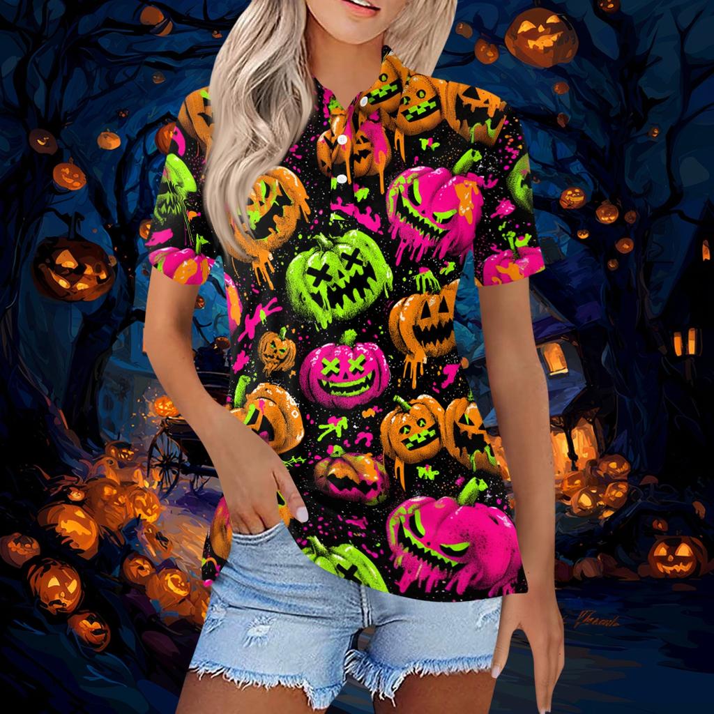 Women's Fashion Casual Button Front Short Sleeve Halloween Print Polo Shirt with Side Slits Lightweight Breathable Top