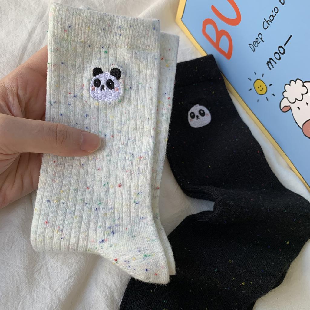 Early Autumn Socks Autumn Dongdaemun Street Ideas Yarn Embroidery Panda Cotton Medium Long Tube Socks