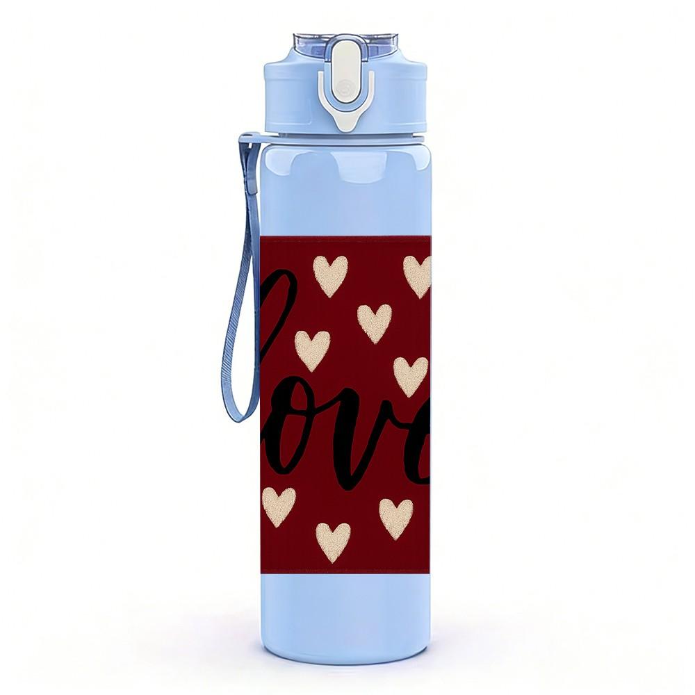 1PC Red Heart Repeat Love Pattern 750ml Color Plastic Sports Water Bottle Leakproof Flip Straw Lid Suitable for Sports Office Home Use