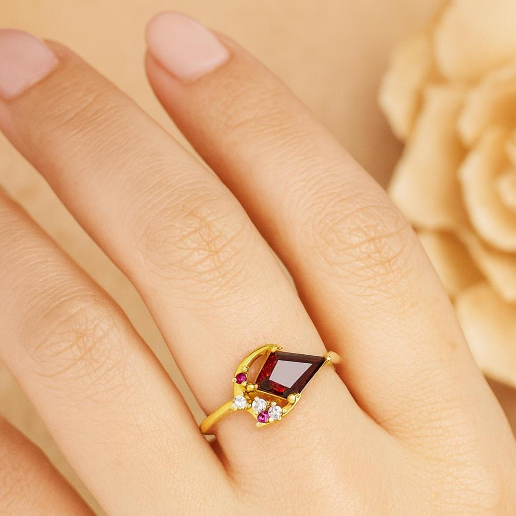 Kite Garnet Ring with Ruby and Cubic Zirconia – Unique Red Gemstone Statement Ring - Gold Plated 925 Sterling Silver Jewelry Gift