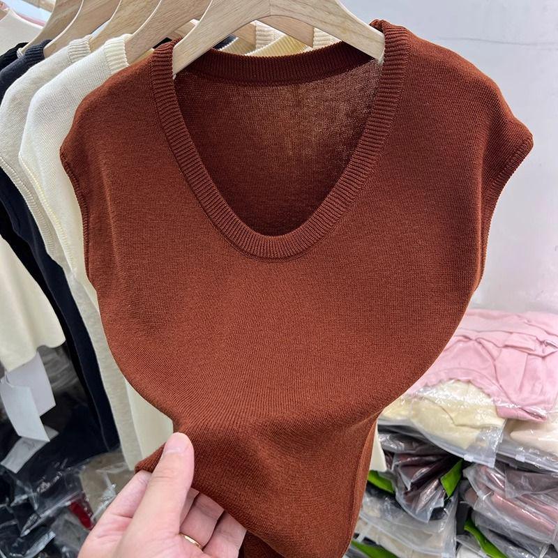 

Women s 2025 Early Autumn U-Neck Soft Knitwear Short Sleeve Top S