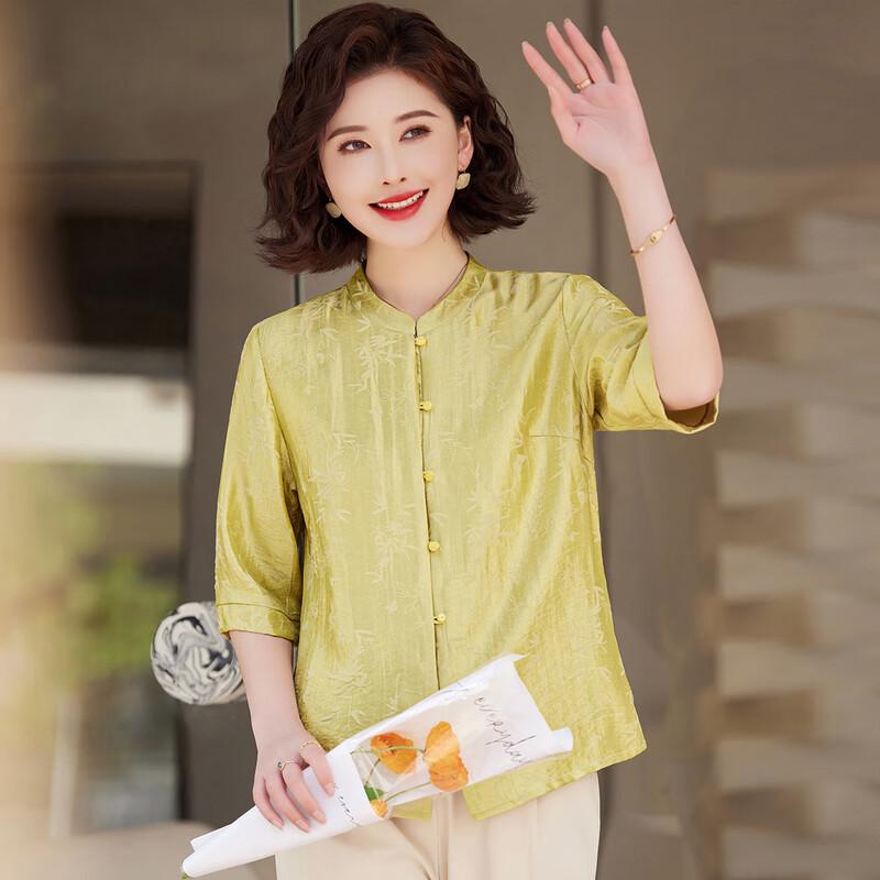 Hemd im chinesischen Stil mit Bambusblattdruck und Stehkragen für Frauen mittleren Alters