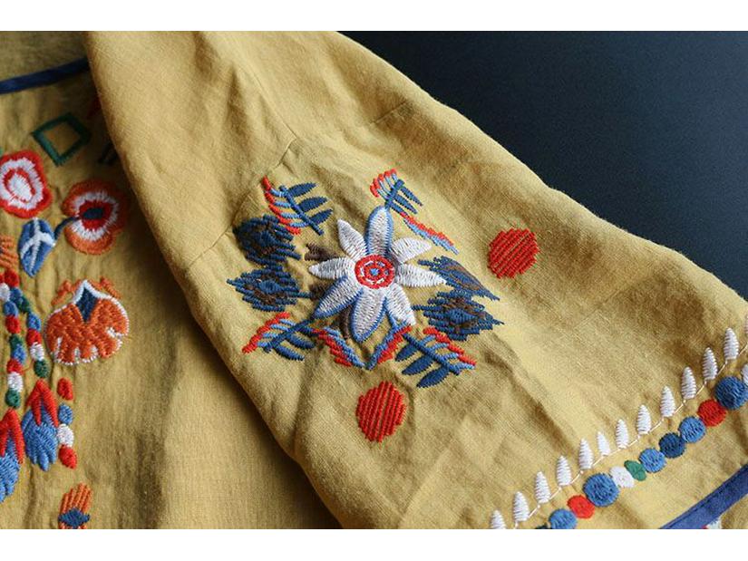 T-shirt d'été ethnique pour femmes en coton lin brodé - Coupe ample rétro, polyvalent grande taille, haut à manches courtes