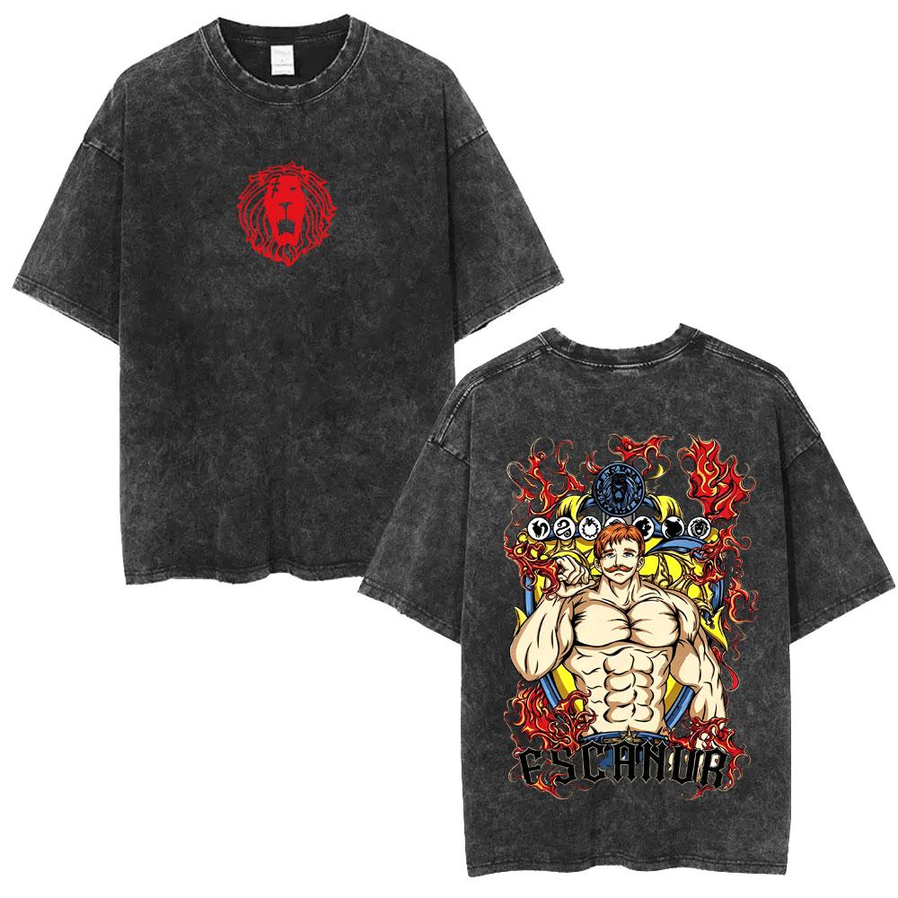 Anime The Seven Deadly Sins Lion's Sin of Pride Escanor Vintage Washed T Shirt Clothing Manga Retro Oversized T-shirts Unisex