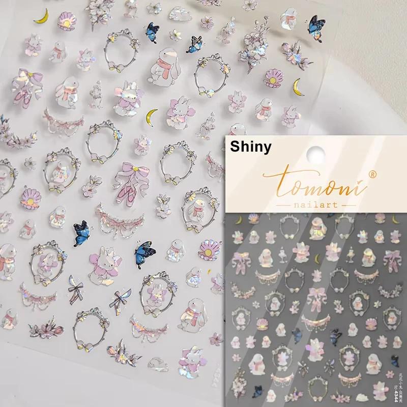 5D Cute Rabbit Love Peach Blossom Flower Yellow Nail Art Stickers Bowknot DIY Self Adhesive Rhinestone Manicure Decals