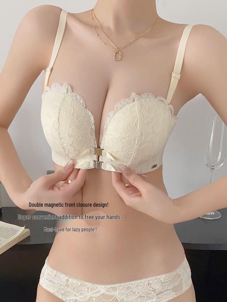 Women's Push-Up Lace Bra - Double Front Closure, Wireless, Adjustable, Side Support, Beautiful Back Design