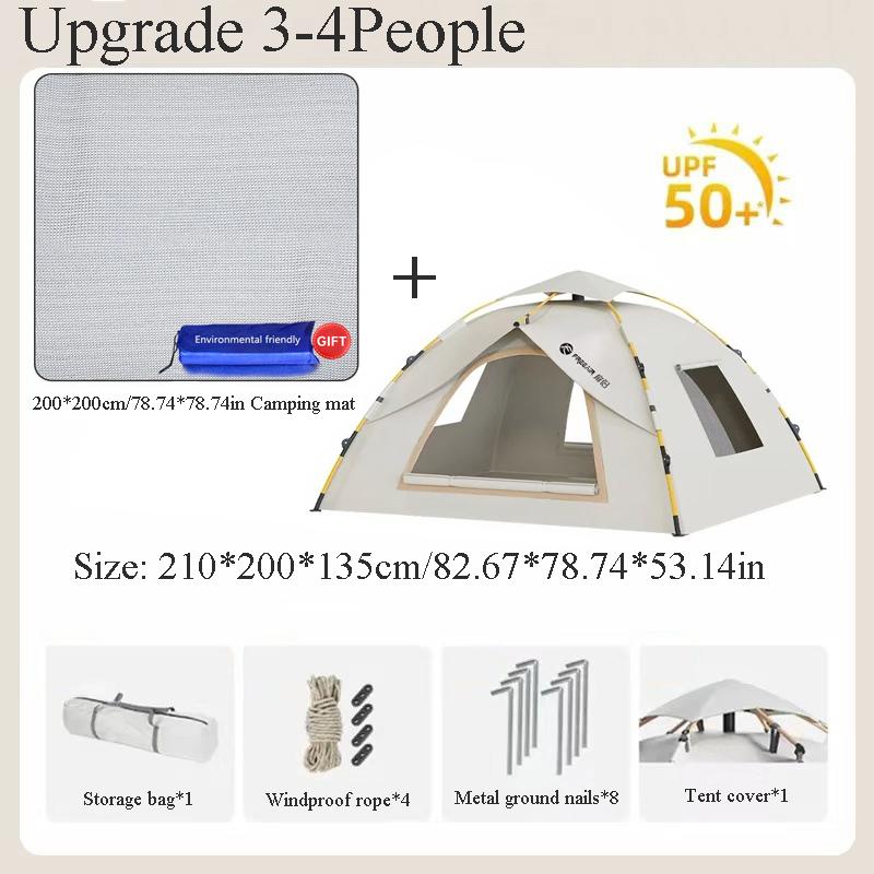 3-4 Double Automatic Pop-Up Tent with Fiberglass Poles Square Oxford Cloth Camping Shelter Quick Setup 3-Second Design