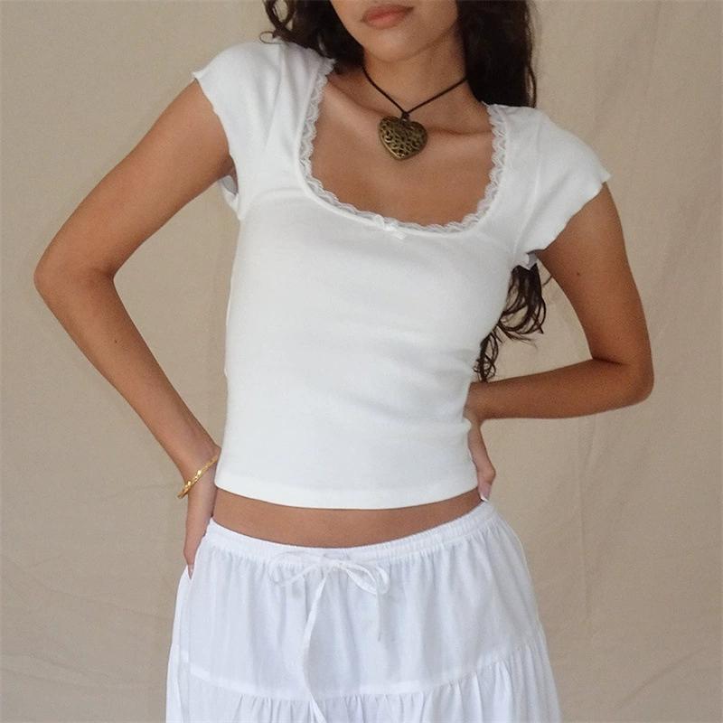 

Women s Retro T-shirt House Lace Bordered Knitted White Milk Horse Show Umbilical Top Short Sleeve T-shirt Summer M белый