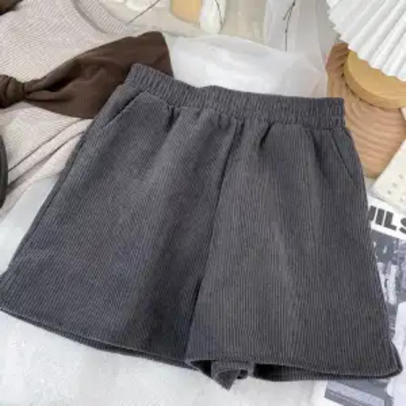 

Women s Corduroy Elastic Waist Shorts Casual Loose Shorts with Pockets L серый