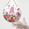 Placa de madeira floral de amor de gnomo para o dia dos namorados, coração de flor de rosa rosa e vermelha, placas rústicas de gnomo, 14 de fevereiro, placa de cabide de porta redonda para o dia dos namorados