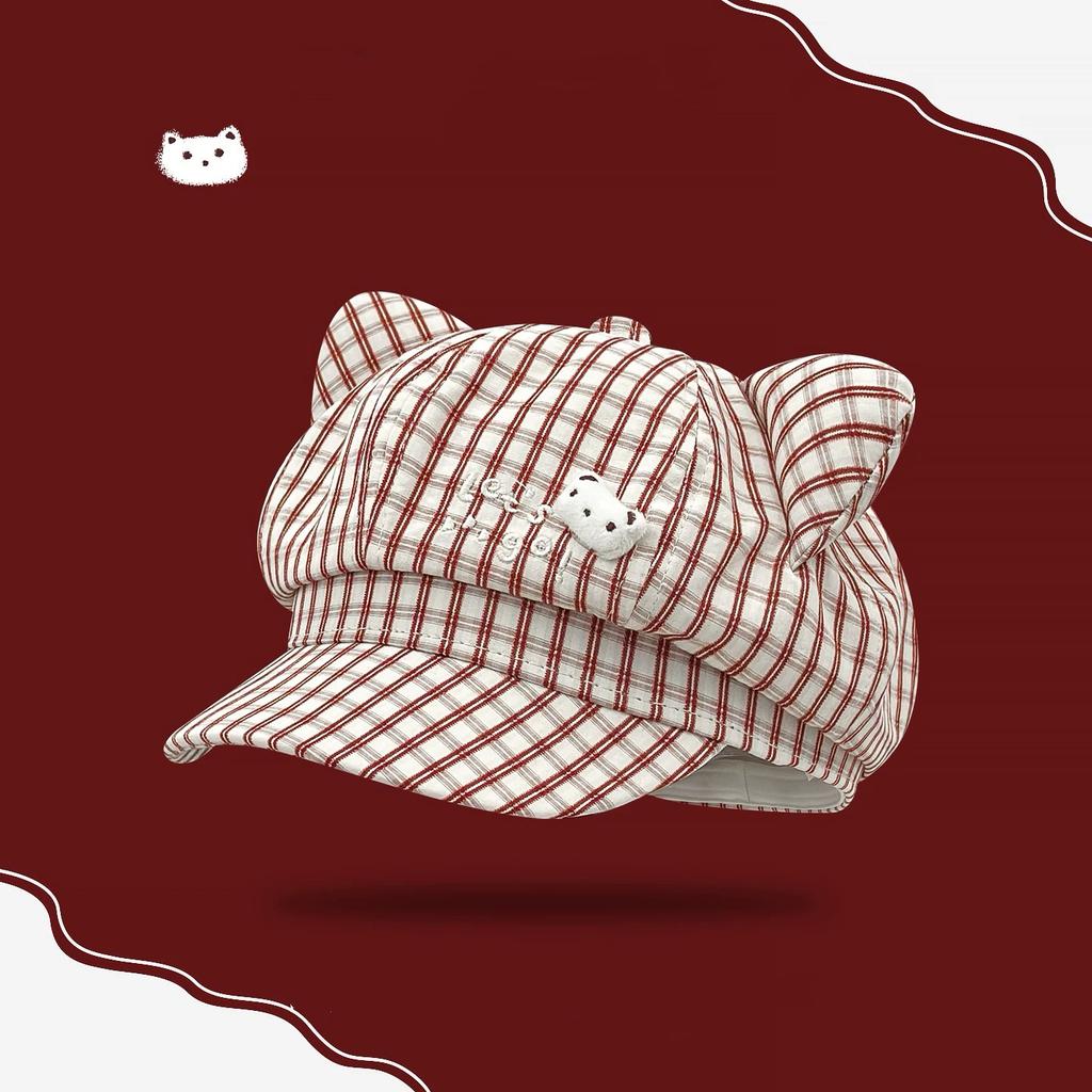 Cute Plaid Cat Ears Beret Female Spring And Summer Sweet Face Small Octagonal Hat Big Head Circumference Newsboy Painter Hat