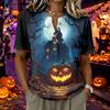 Women's Short Sleeve Henley Neck Shirt Cotton Linen Blend Casual Button Front Top Halloween Pumpkin Print