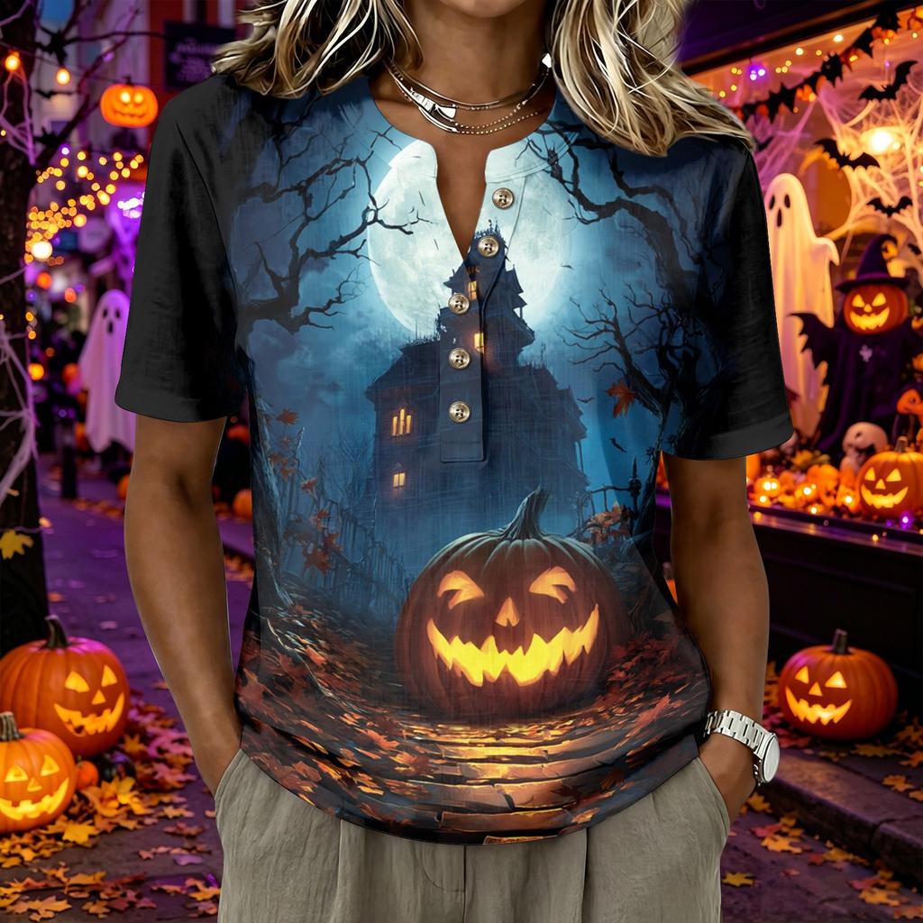 Women's Short Sleeve Henley Neck Shirt Cotton Linen Blend Casual Button Front Top Halloween Pumpkin Print
