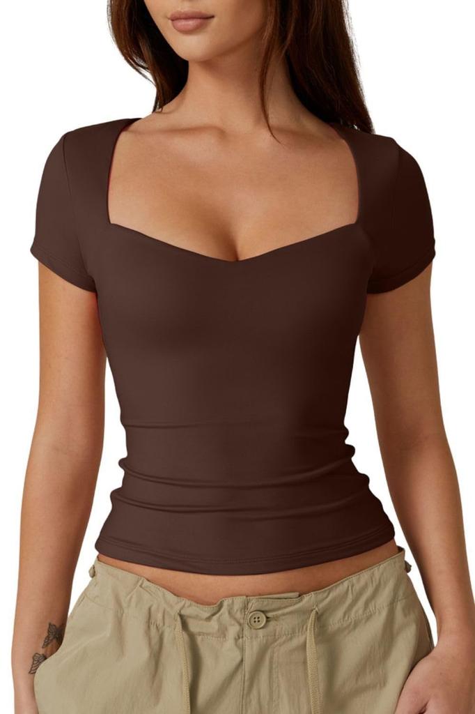 2026 Women's Heart-Shaped Neck Short Sleeve T-Shirt Women's Solid Color Slim Fit Basic Fashion Show