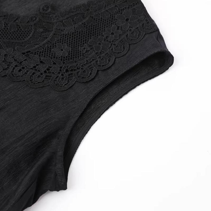 DIMANAF 2026 Neues Weste-T-Shirt Damen Spitze Rundhalsausschnitt Ausgeschnitten Sommerstil Basic Tops T-Shirts Lockere Weste