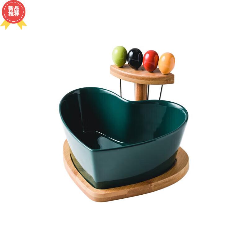Green Heart Ceramic Salad & Fruit Bowl Set with Fork