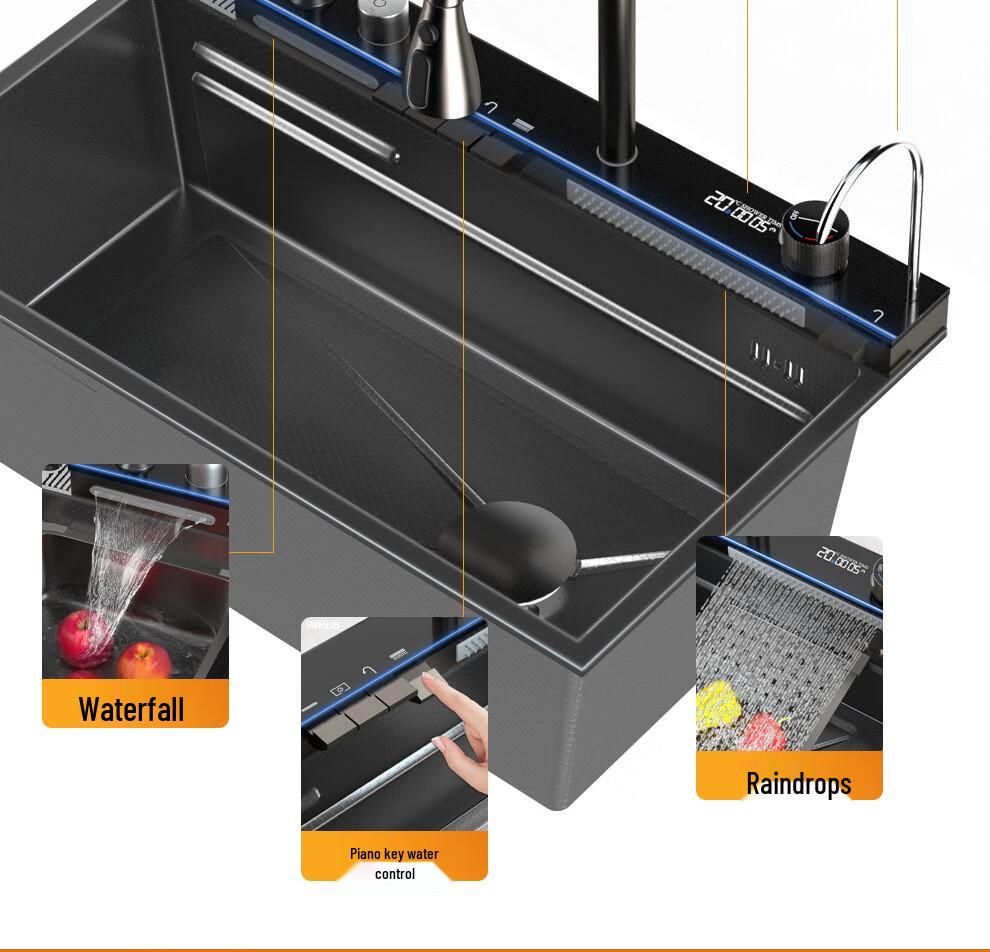 Multifunctioneel Roestvrijstalen Spoelbak: 4 mm dik, Digitaal display, Grote enkele spoelbak voor afwassen & groentewassen