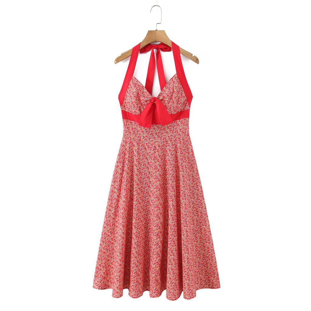 Women's Summer 2026 Floral Halter V-Neck Slimming Long Red Dress