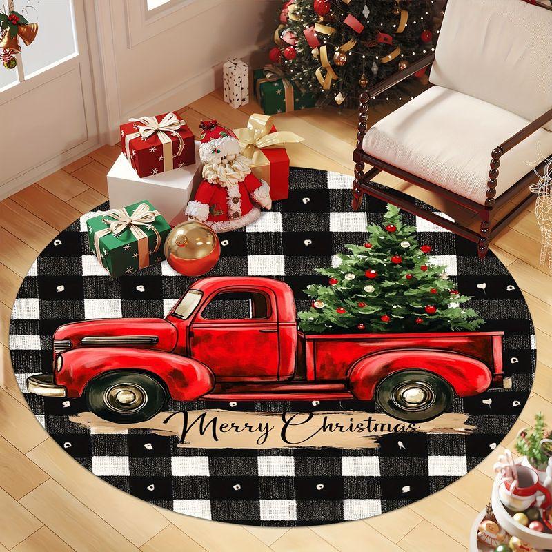 Christmas Round Rug Red Pickup Truck Xmas Tree Buffalo Plaid Print Soft Non Slip For Living Room Bedroom Dining Decor