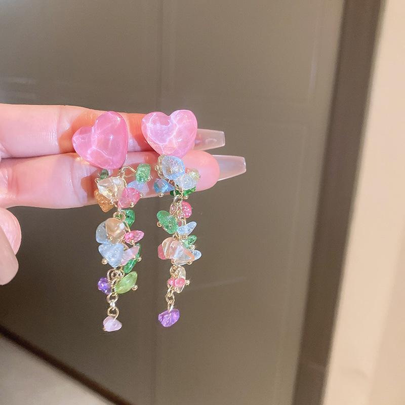 Super fairy pink flower love fringed earrings versatile temperament earrings light luxury earrings women