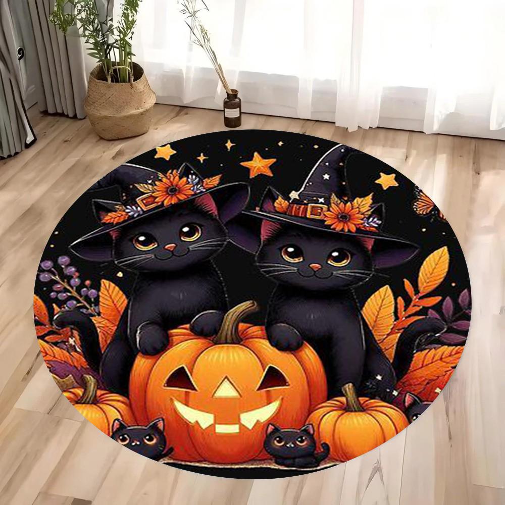 Halloween Pumpkin Magic Hat and Bat Circular Printed Carpet Halloween Themed Floor Mat Home Decoration Yoga Studio Gift