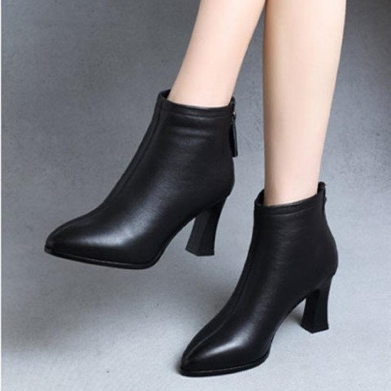 Spring, autumn and winter new soft leather high heels velvet Martin boots factory women's shoes temperament thick heel short boots single boots