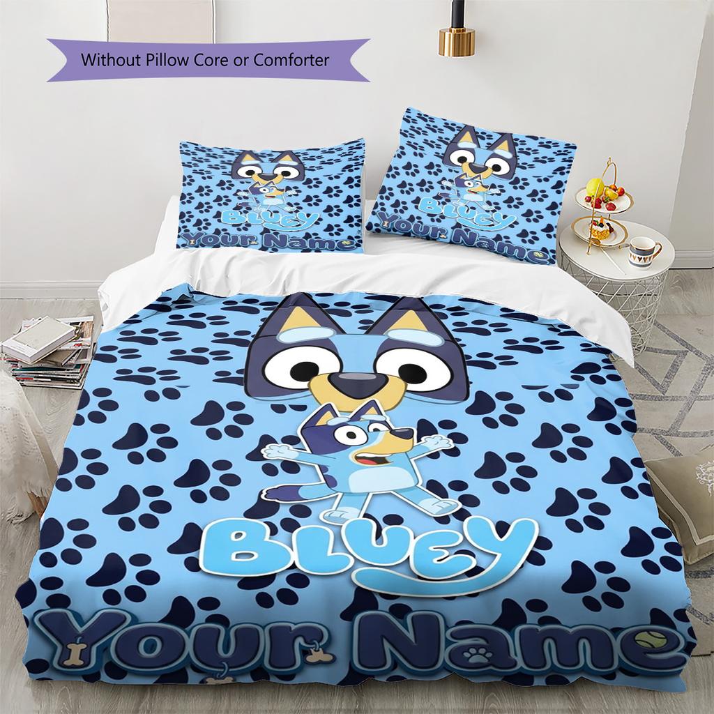 Name Custom Bluey Cartoon Pattern Bedding Set Quilt Cover Pillowcase Home Decor Gift (1 * duvet cover + 2 * pillowcase, without core)
