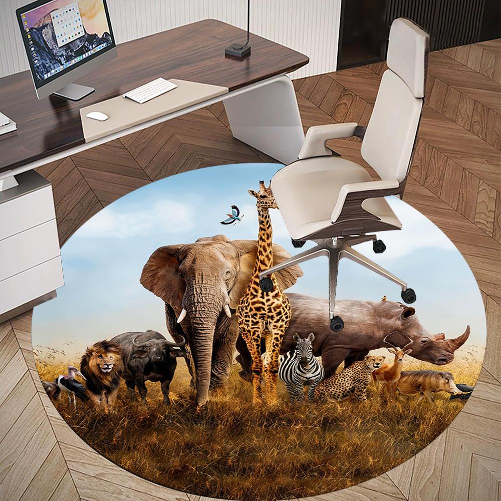 1pc African savannah animals Round Chair mat office Area Rug - Non-Slip, Floor Mat for Office, Bedroom, and Indoor Decor p127216