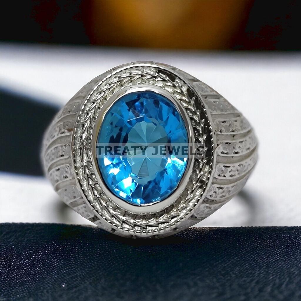 Aquamarine Oval Cut Gemstone With 925 Sterling Silver Ring For Men's #209 JL375576849100