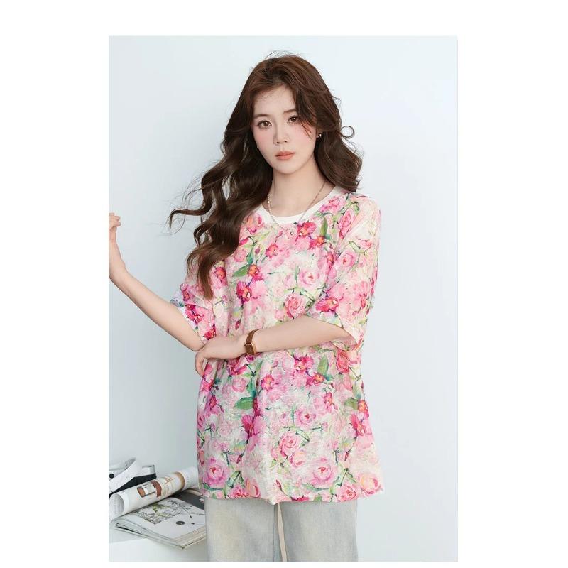 DIMANAF 2026 Plus Size Summer Beach Women T-Shirts Tops Floral Print Casual Lady Tunic Tees Shirt Oversize Loose Knitted
