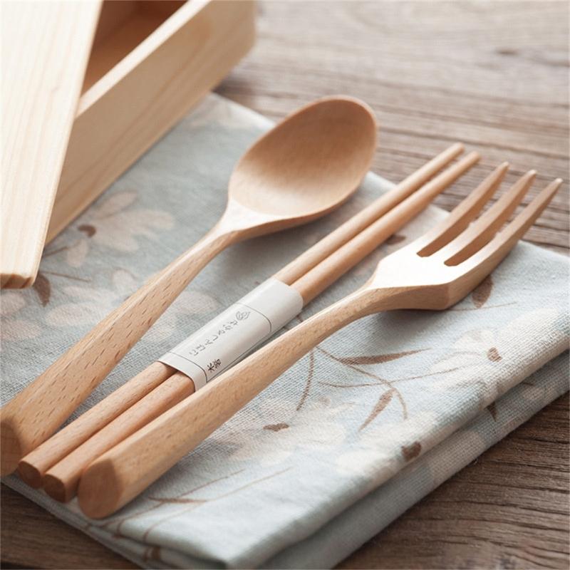 Natural Wooden Utensils Set With Fork Spoon Chopsticks Compact Travel Essential For Office School Outdoor Dining