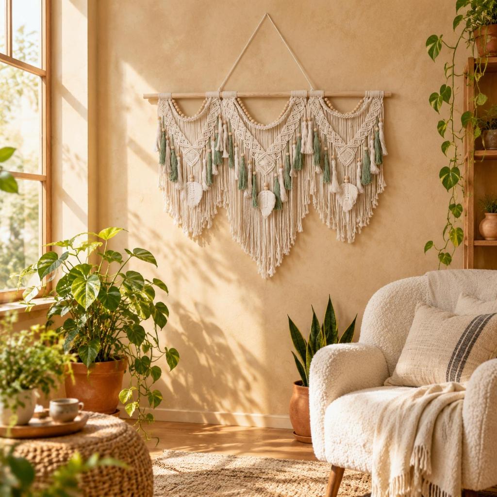 Geometric Macramé Wall Decor with Wooden Beads Cozy for Guesthouse