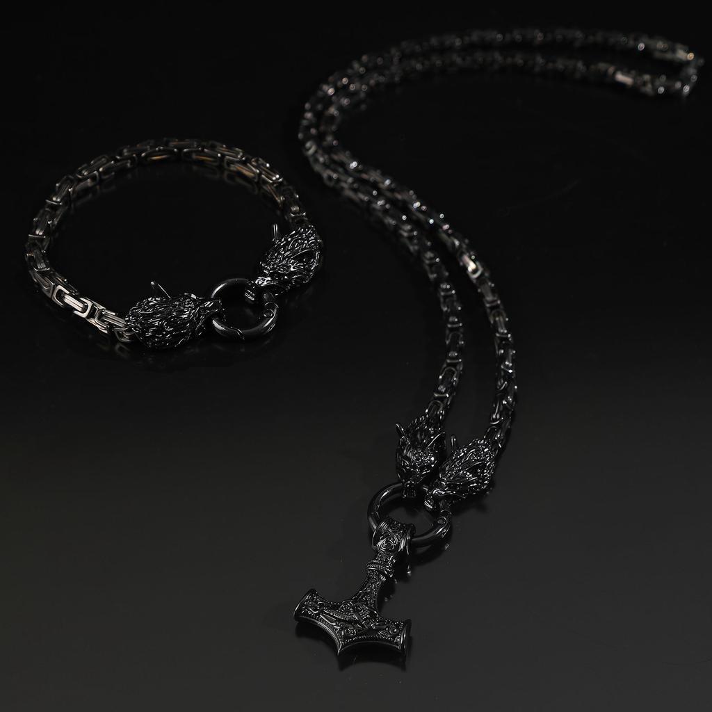 Foreign Trade Retro Nordic Viking Rune Hammer Pendant Wolf Head Necklace Bracelet Jewelry Set Stainless Steel Chain