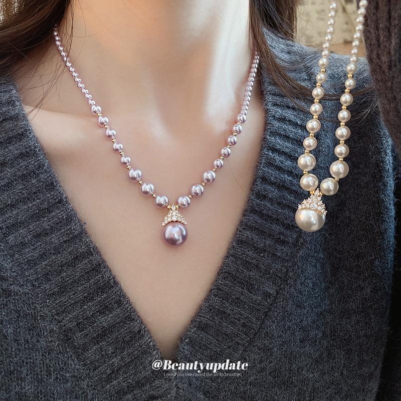 Real gold electroplated round pearl stud earrings necklace set niche earrings fashion temperament earrings light luxury high sense