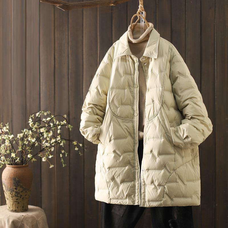 Shirt collar light down jacket women's new winter medium and long white duck down simple loose coat