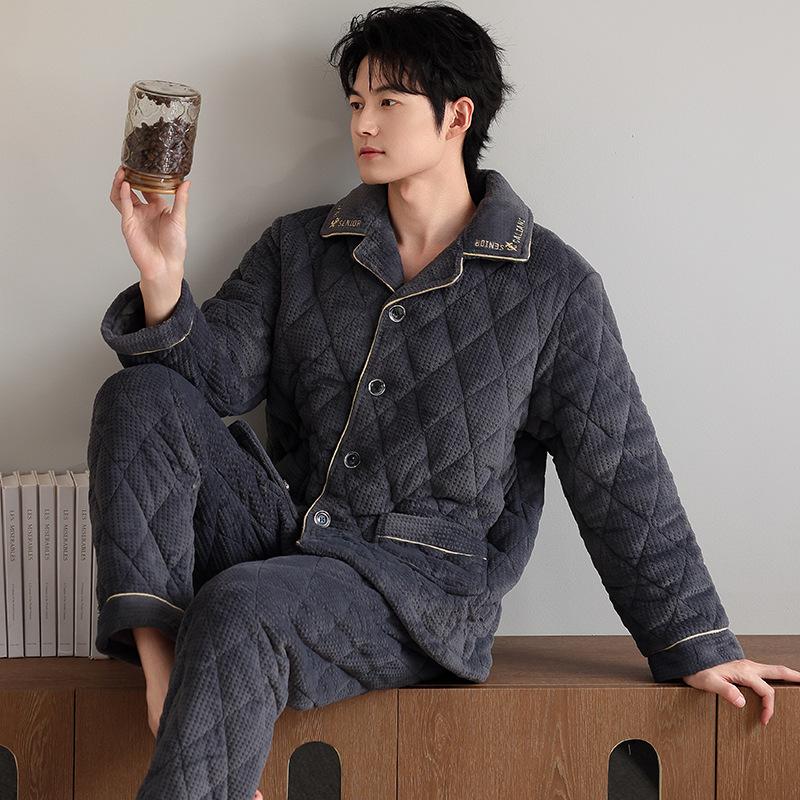 Winter padded pajamas men's thickened coral fleece three-layer warm homewear winter super thick can be worn outside large size padded jacket