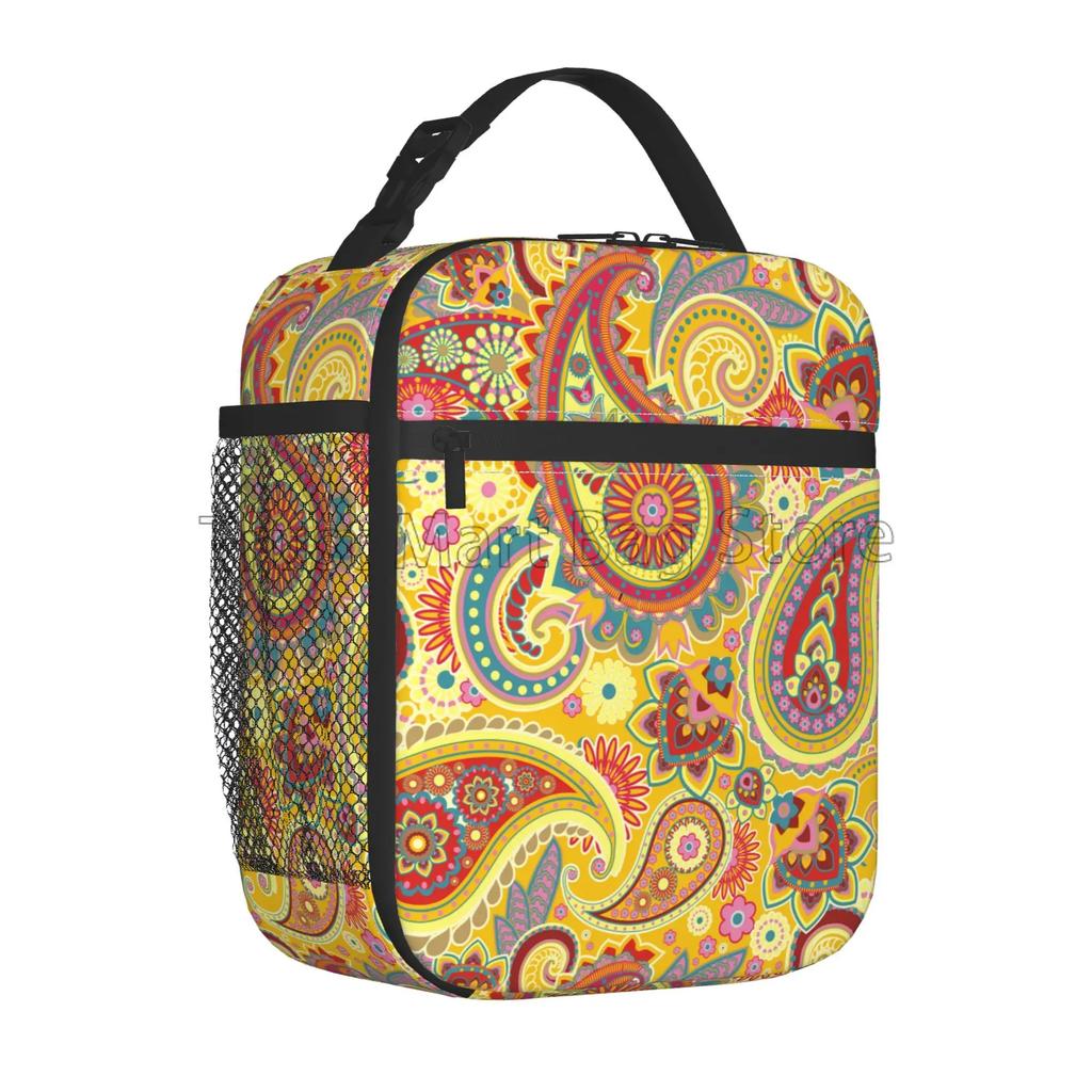 Red Paisley Mandala Lunch Box Portable Insulated Lunch Bag Reusable Cooler Bento Tote Bag for Women Men Work Picnic Hiking