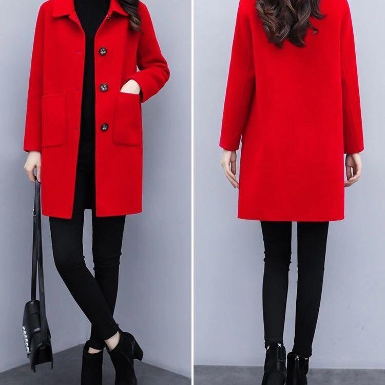 Women's Mid-Length Woolen Coat, Autumn/Winter 2025, Korean Style, Loose Fit, Plus Size, Slimming, Age-Reducing.