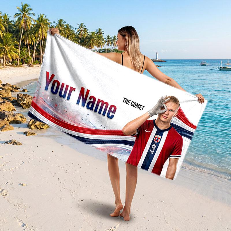 Asciugamano da Spiaggia Personalizzato Erling Haaland, Stampa Testo Nome Personalizzato, Asciugamano Morbido ad Asciugatura Rapida con Logo Calcio, Regalo per le Vacanze