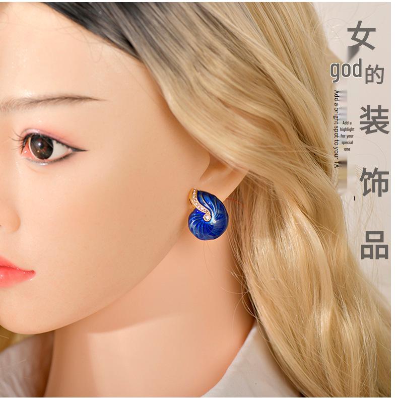 Antique Blue Enamel Conch Earrings In Oil Painting Style - Chinese Retro Inspired Fashion Jewelry
