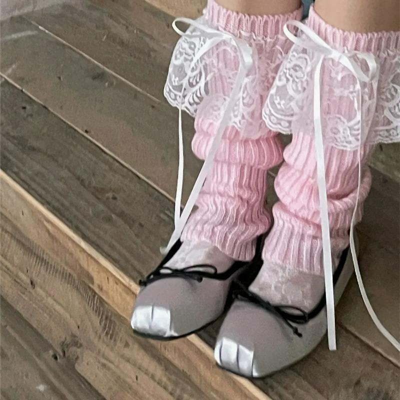 Lace Ribbon Leg Warmers for Women Autumn Winter Korean Japanese Cute Lolita Knee Warmers Socks JK Knitted Girl White Leg Warmers