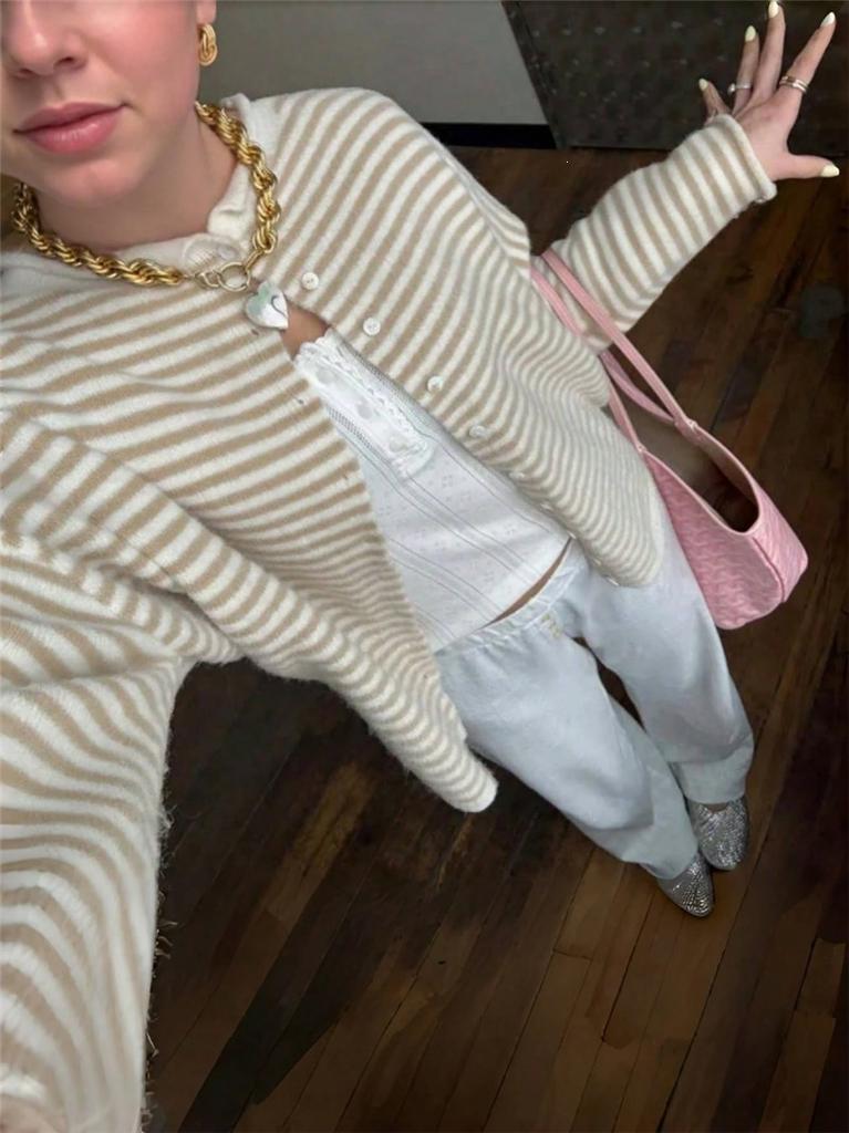 New European and American women's fashionable street loose striped knit cardigan long-sleeve sweater for women, red coat