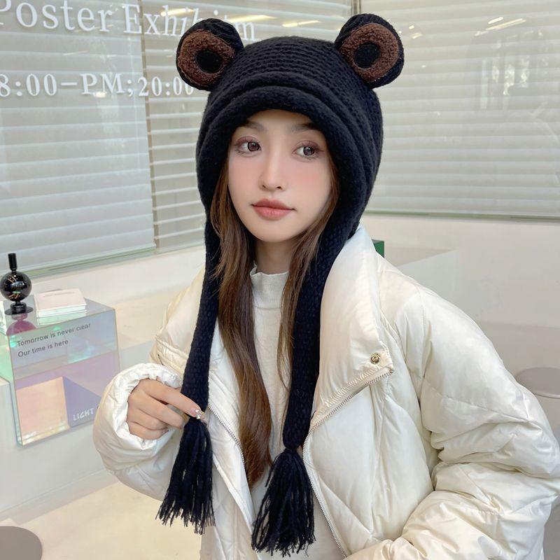 Froschmütze, Damen Strickmütze Winterwärme Quaste Winter Ohrenschutz Zehenkappe Grüne Wollmütze